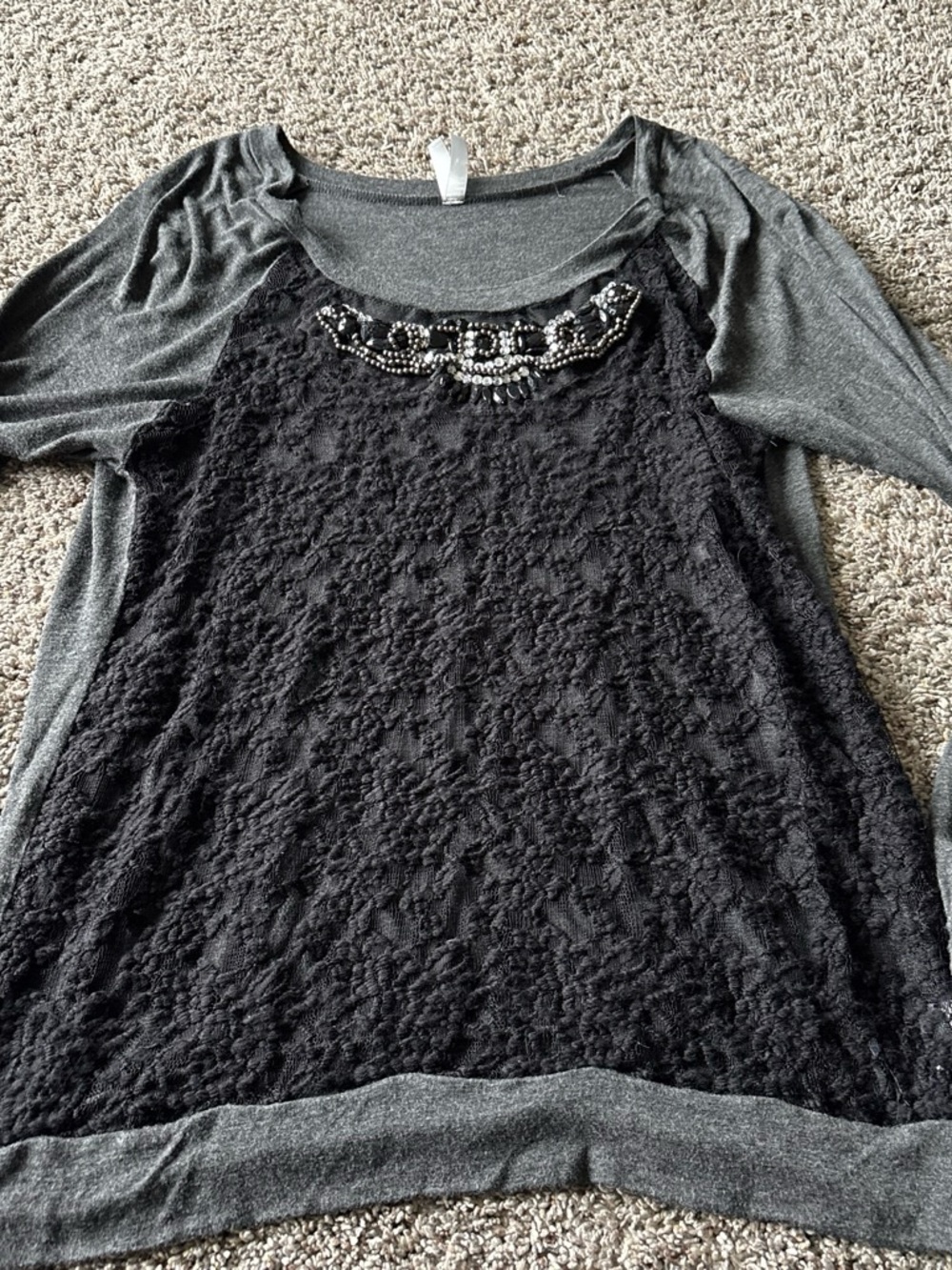 Vanity Black Lace Front Jewel-Neck Gray Raglan Top